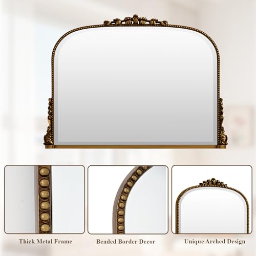 Vintage Gold Beaded Wall Mirror 27 x 36 Inch Arched Top Frame - Horizontal & Vertical Hanging