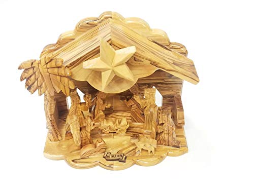 Bethlehem Gifts TM 6" Carved Bethlehem Olive Wood Nativity Set with Music Stable & Glued Figurines - Christmas Scene