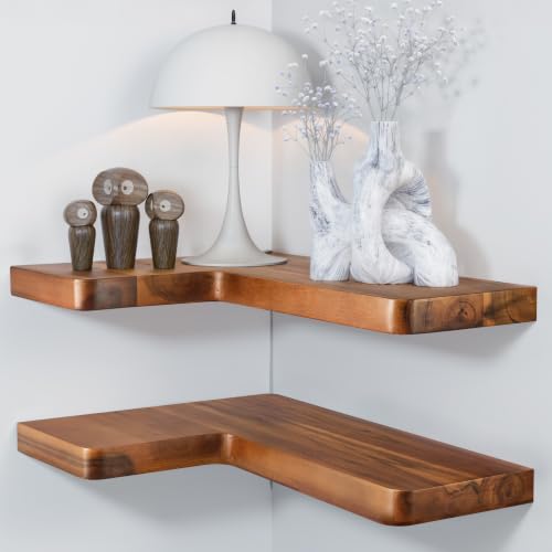 BATODA Acacia Wood Corner Floating Shelves Set of 2 17x12 Inch Wall Mount Storage