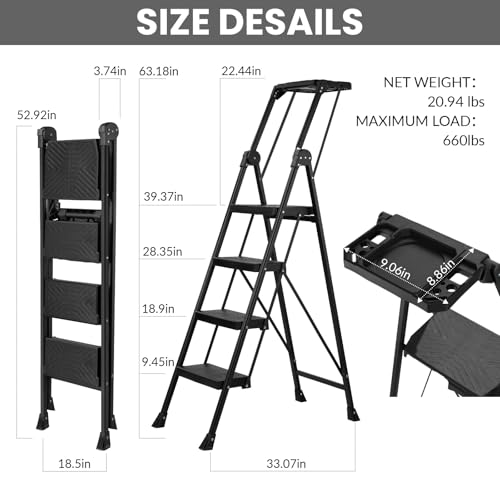 XinSunho 4 Step Ladder, Heavy Duty Steel with Foldable Handrail &