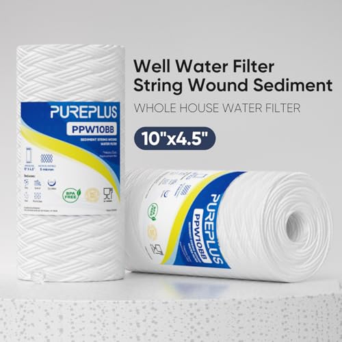 PUREPLUS 5 Micron Whole House Water Filter Cartridge 4 Pack for Well Water - 10 x 4.5 Inches