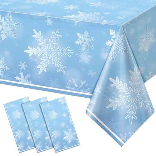3 Pack Winter Snowflake Plastic Tablecloth Decorations, Light Blue Snowflake Winter Wonderland Disposable Table Cover for Christmas Holiday New Year Party Supplies Decorations, 54 x 108 Inch