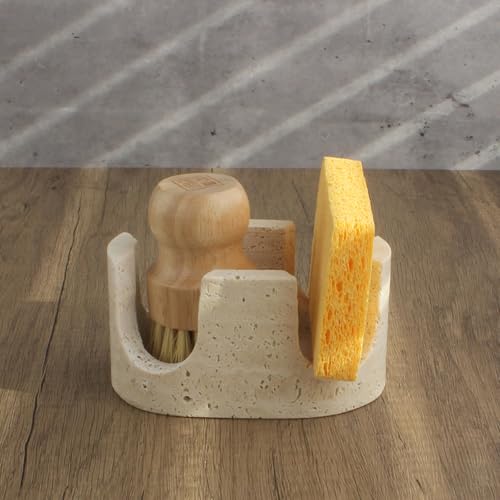 Travertine Marble Sponge Holder - Beige 2-Slot Sink Organizer & Drying Rack