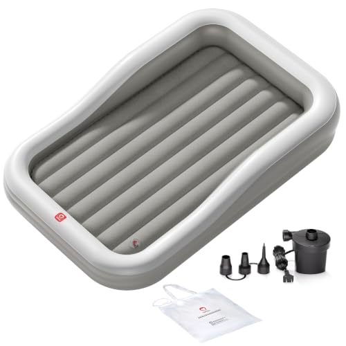 QPAU Inflatable Toddler Travel Bed with 3-Sided Bumpers, Extra Large Gray