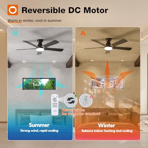 addlon 52 Inch Black Low Profile Ceiling Fans with Lights and Remote