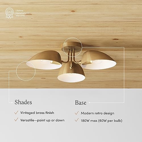 Semi-Flush Ceiling Light with 3 Black Rounded Shades - Vintaged Brass Finish - Variation of THIS listing