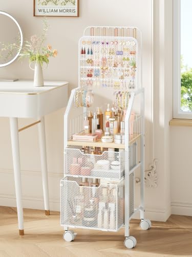 White Rolling Jewelry & Makeup Organizer Cart with Large Drawer - Metal