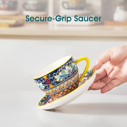 Vancasso 8oz Cappuccino Cups & Saucers Set - Porcelain Coffee Tea Cups, Vibrant Bohemian Design, Dishwasher & Microwave Safe, Set of 6