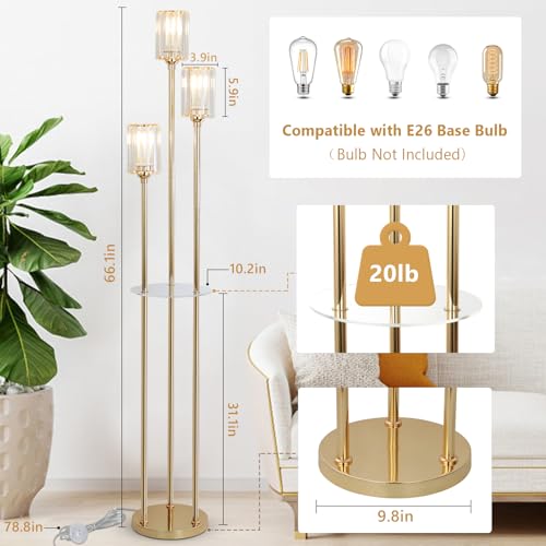 Gold Floor Lamp with Shelves - Modern Crystal Standing Lamp with Table and On/Off Switch