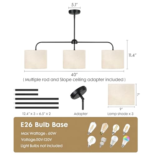 3-Light Black Linear Pendant Light with Linen Beige Drum Shades - Modern Kitchen Island & Dining Room Fixture - Scyvenra 3 Light-Black Variant