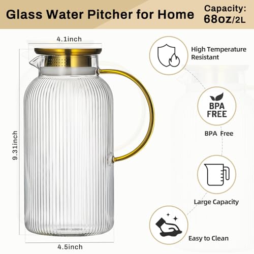 Buaic 2 Pack Glass Pitcher with Lid, 68 oz Clear Borosilicate Serving Carafe with Silicone Base