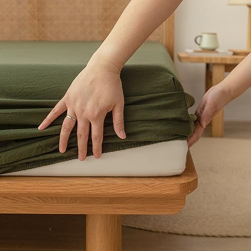 Queen Size Washed Cotton Linen Feel Sheet Set - Olive Green, 4 Pieces