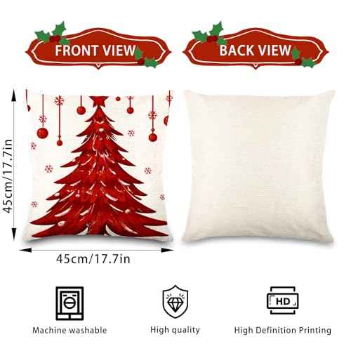 DIYDEC 4PCS Christmas Pillow Covers 18x18 inch Winter Throw Pillow Covers Red Christmas Tree Snowflake Pillow Covers Hello Winter Holly Jolly Decor Cushion Case for Holiday Home Sofa Couch