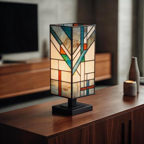 Small Tiffany Style Stained Glass Table Lamp - Handmade Blue-Cream-Turquoise, 15" High