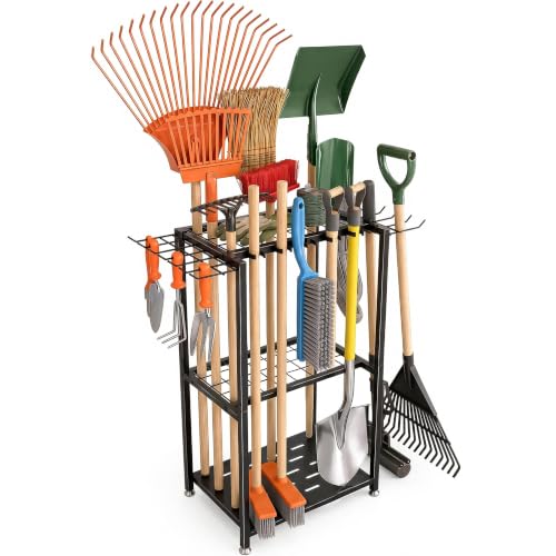 Garden Tool Organizer Stand Black, 3-Tier Metal Yard Rack with 14 Hooks & 50+ Tool Capacity