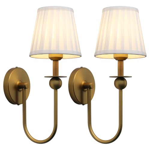 PERMO Set of 2 Brass Wall Sconces with Pleated Fabric Shades - Vintage Bathroom & Living Room Lighting