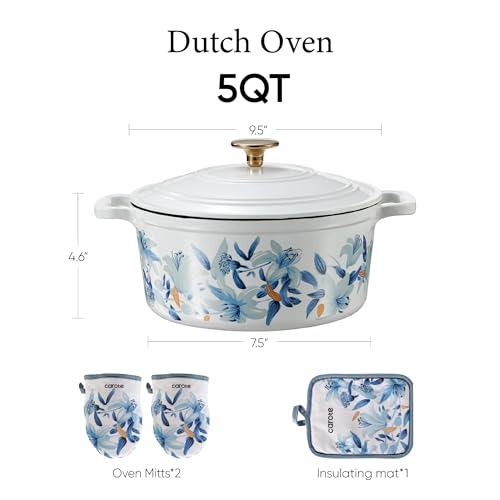 Blue Floral 5QT Enamel Cast Iron Dutch Oven with Lid & Accessories
