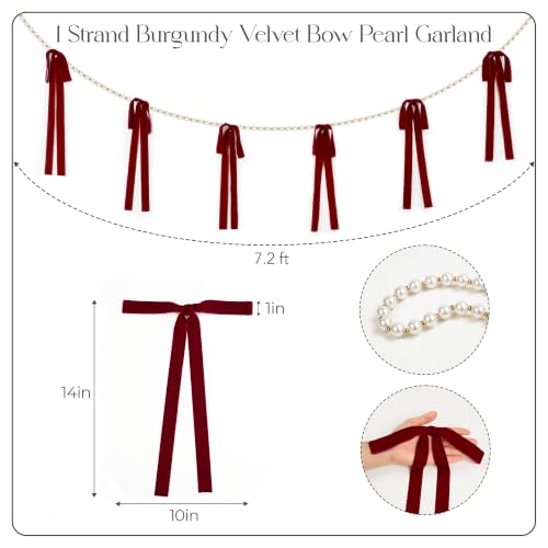 Burgundy Wine Red Velvet Bow & Pearl Garland Set - 2 x 7.2 Ft Christmas Decor