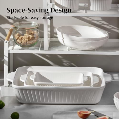 White Ceramic Casserole Dish Set of 3 Oven-Bakeware with Handles - Rectangular Baking Pans
