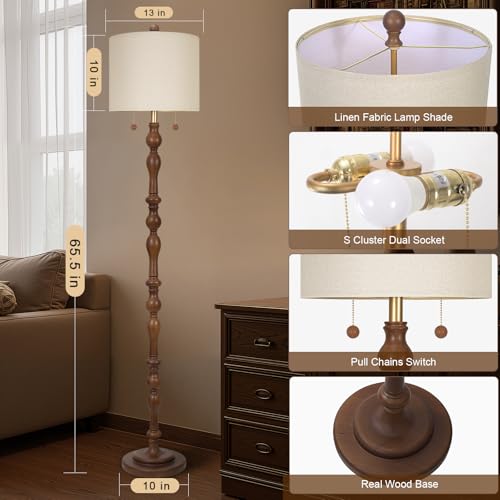 Dark Brown 65.5-Inch Real Wood Floor Lamp with Dual Pull Chain Switch