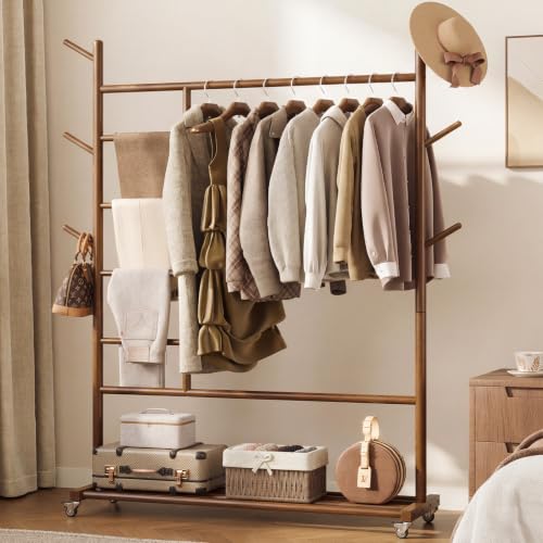 Yoobure Walnut Solid Wood 4-in-1 Clothes Rack with Wheels & Storage