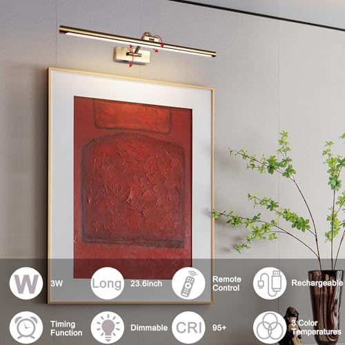 Battery Operated Brass 24-Inch Wireless LED Picture Light with Remote & Timer – Adjustable Art Wall Lamp