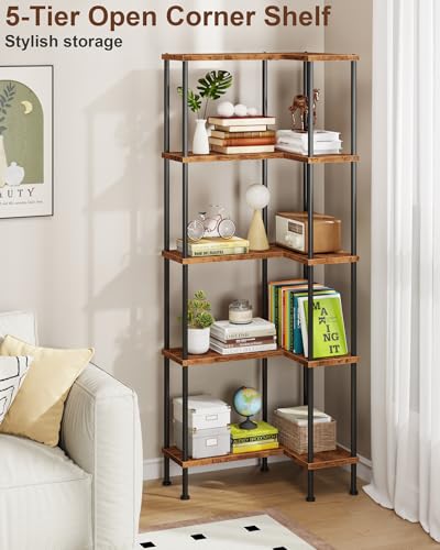 Rustic Brown 5-Tier L-Shaped Corner Bookshelf - 60 Inch Modern Corner Shelf