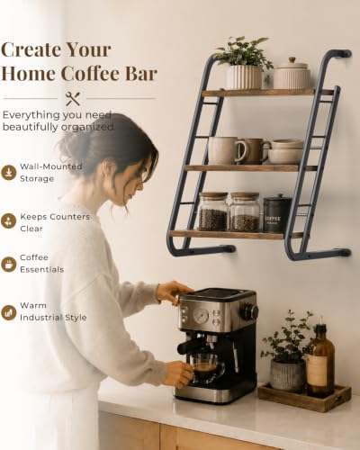 3-Tier Floating Wall Shelves - Rustic Wood Ladder Shelf, 16 Inch Brown
