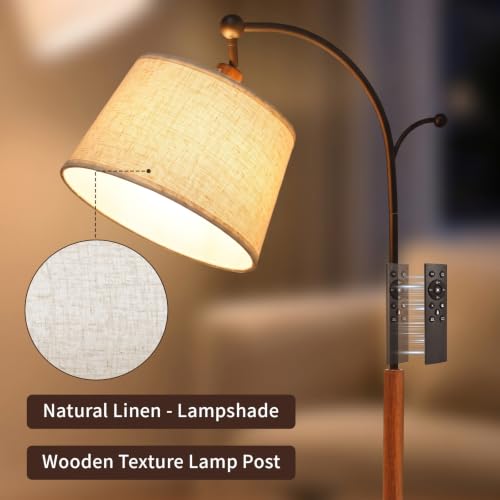 Floor Lamp, Arched Wood Linen Shade, Dimmable 3 Color Temperatures,
