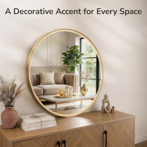 USHOWER 30 Inch Round Gold Bathroom Mirror with Sculpted Inner-Edge Frame - Over Sink Vanity