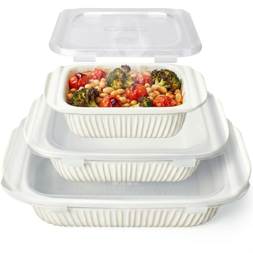 Artena Ceramic Casserole Dish Set with Lids - White, 3 Sizes (5.1Qt, 2.3Qt, 1.1Qt)