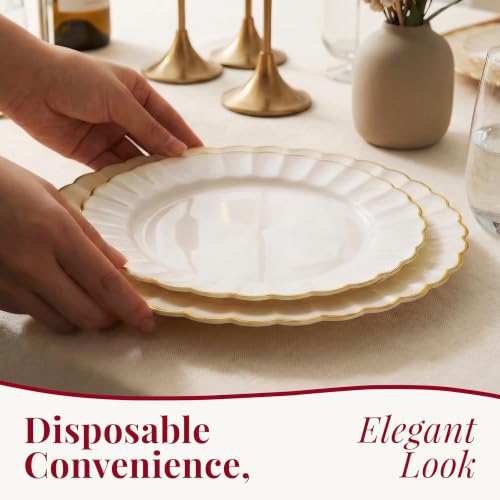 By Madee Heavyweight Ivory and Gold Scalloped Plastic Plates 100 Pc for Weddings & Parties
