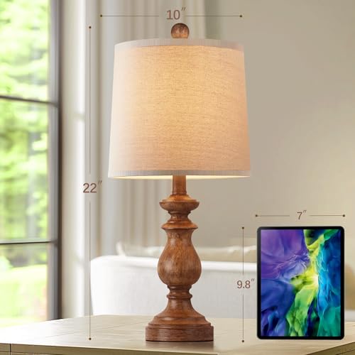 PARTPHONER Rustic Farmhouse Wood Grain Table Lamp Set of 2 - 22 Inch Linen Shade Nightstand Lamps for Living Room & Bedroom