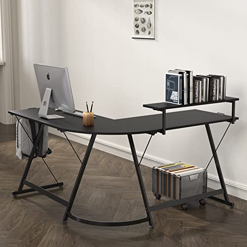 SHW Black 51x51 L-Shaped Corner Desk with Monitor Stand & Drawer