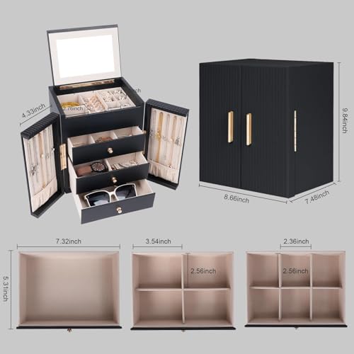 Large Jewelry Box for Women with Mirror and 3 Drawers - Black