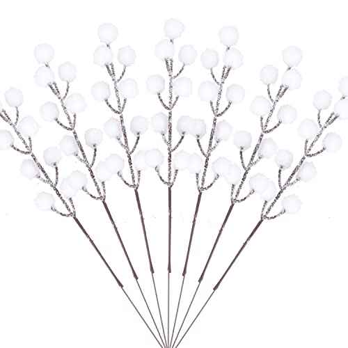 24Pcs Artificial White Berry Picks Snow Sprays Christmas Frosted Holly Berry Stems Twigs Winter Branches for Xmas Tree Fillers Decor Holiday Arrangements Wreaths Garland Crafts DIY Ornaments (White)