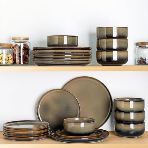 Mocha Brown Ceramic Dinnerware Set for 6 - 18-Piece Plate & Bowl Set