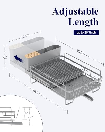 Extendable Dish Drying Rack - Silver, Adjustable 19.2-26.7 Inches, Rustproof Kitchen Organizer - Variation of Standard / Silver