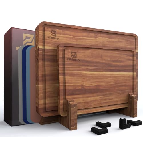 Piklohas Large Acacia Wood Cutting Board Set with Storage Stand - Brown
