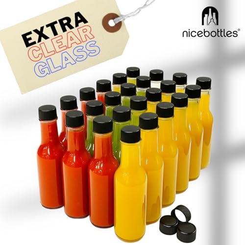 Nicebottles 5 Oz Hot Sauce Bottles, 48 Pack - Clear Glass with Caps & Drippers