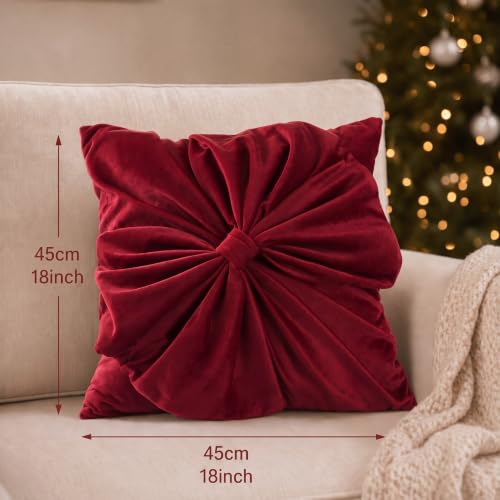 Leinuosen Red Christmas Velvet Pillow Cover with Bow - 18x18 Inches