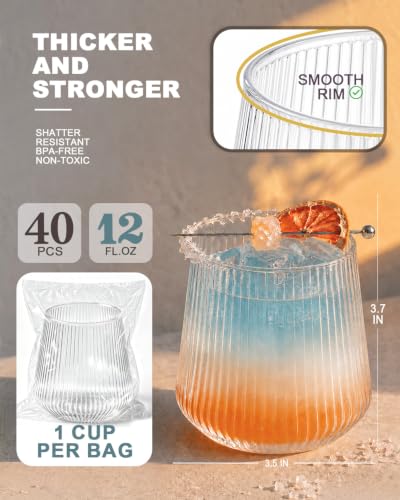 Clear Ribbed Plastic Wine Glasses 12 Oz - Disposable Cocktail Cups - 40 Pack