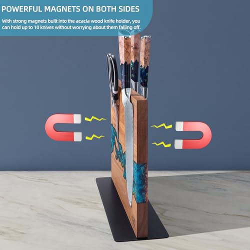 Magnetic Knife Block - Double-Sided Acacia Wood & Blue Resin Holder - 12x10 Inches - Blue