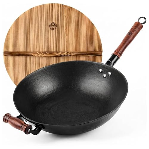12.6 Inch Cast Iron Wok with Wooden Lid - Flat Bottom Chinese Stir Fry Pan