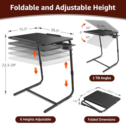 NUTIKAS Black 2-Piece Folding Adjustable TV Trays with Cup Holders