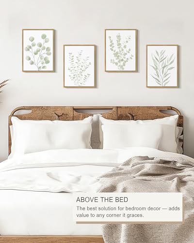 Natural Framed Botanical Wall Art Set of 4 - Eucalyptus Leaf Prints 11x14 inches, Boho Home Decor