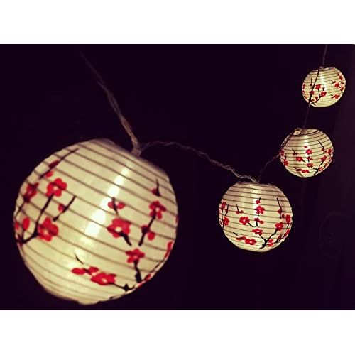 JYWJ Sakura (Cherry) Flowers White Color Chinese/Japanese Small Cloth Lantern/Lamp 3" Diameter LED String Light Length 78.7" 2-AA Battery Powered & USB Charger Gift for Kids (Red)