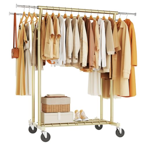 HYSEYY Gold Heavy Duty Rolling Clothes Rack with Shelves - Supports 700LBS