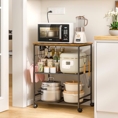 ThreeHio Brown Kitchen Microwave Cart with Power Outlet, 3-Tier Utility Storage
