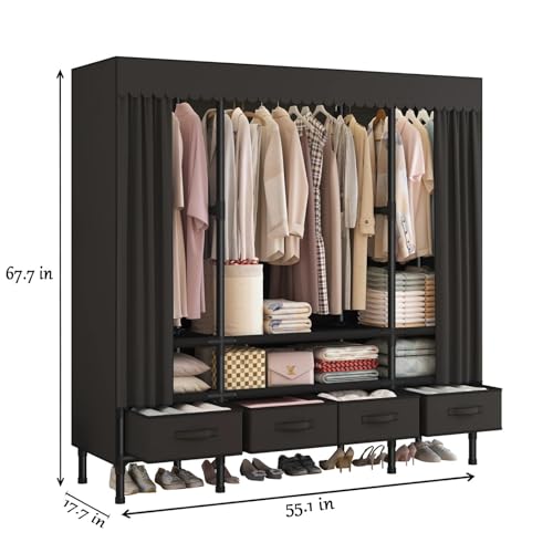 Portable Closet with Drawers 55.1x17.7x67.7in Black - Extra Large Wardrobe Storage